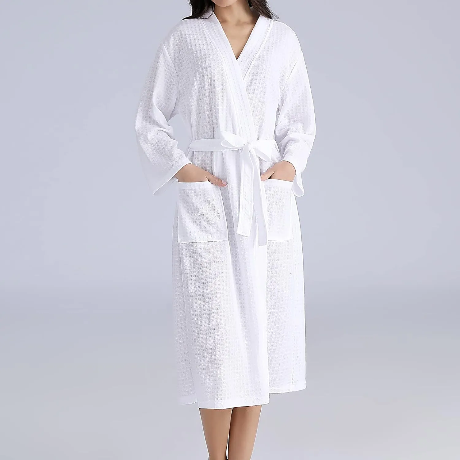 Long Robes for Women Lightweight Knit V Neck Long Sleeve Kimono Bathrobe Soft Spa Robe Sexy Loungewear with Pockets