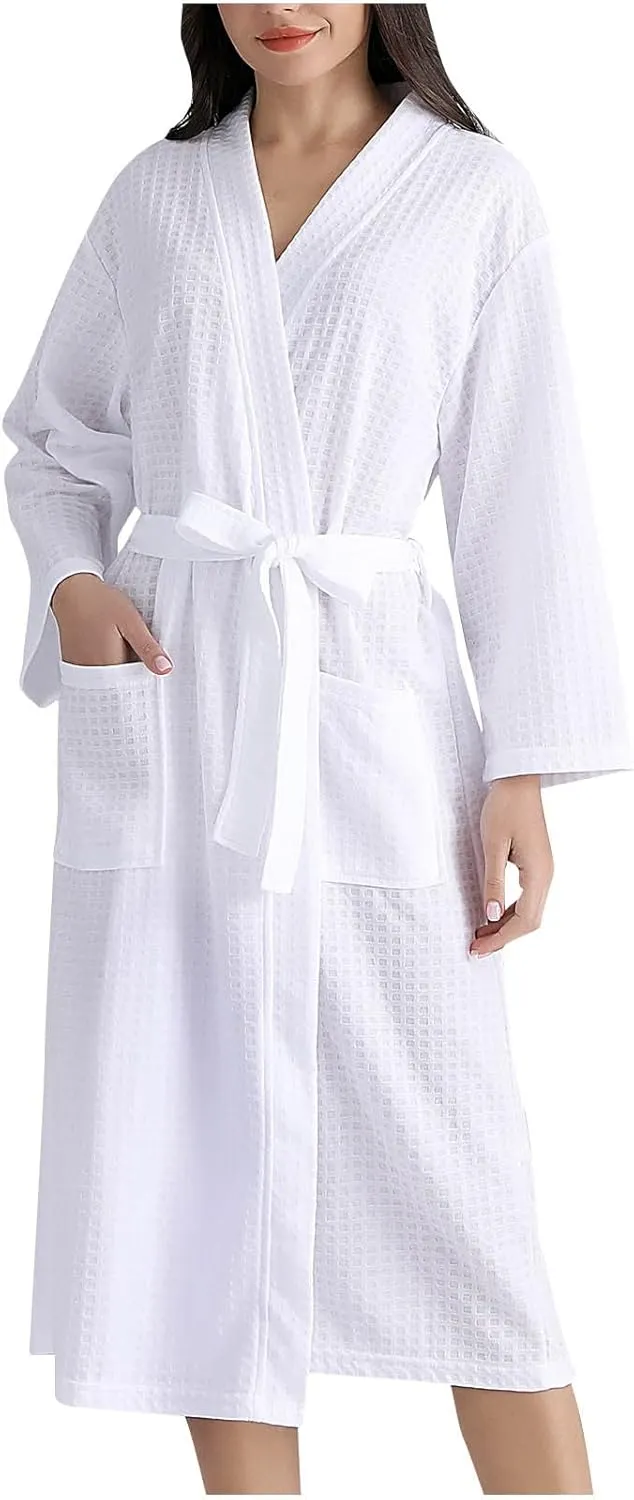 Long Robes for Women Lightweight Knit V Neck Long Sleeve Kimono Bathrobe Soft Spa Robe Sexy Loungewear with Pockets