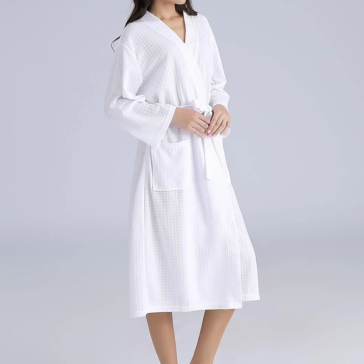 Long Robes for Women Lightweight Knit V Neck Long Sleeve Kimono Bathrobe Soft Spa Robe Sexy Loungewear with Pockets