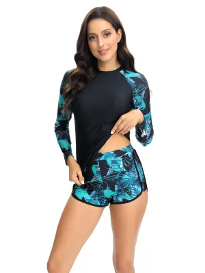 Long-sleeve leaf print two-piece tankini swimsuit UPF50  Rash Guard