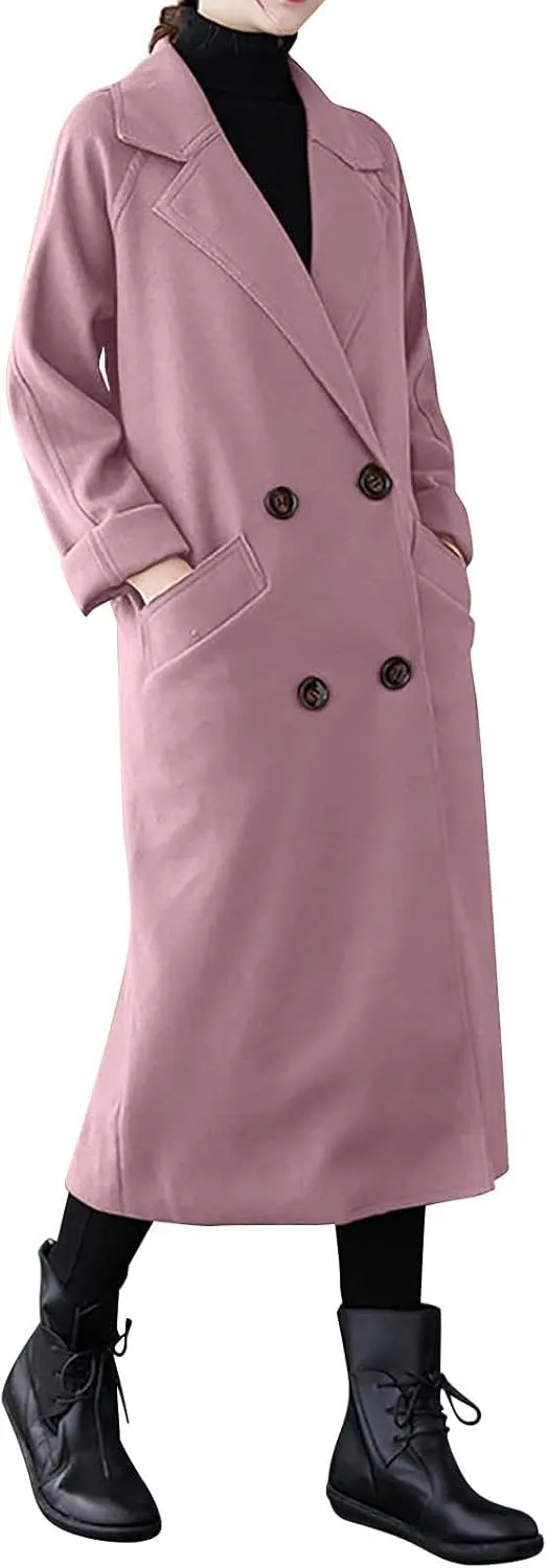 Long Winter Coats for Women Double Breasted Blazer Pea Trench Coat Lapel Fashion Fall Outfits Casual Wool Blend Outwear