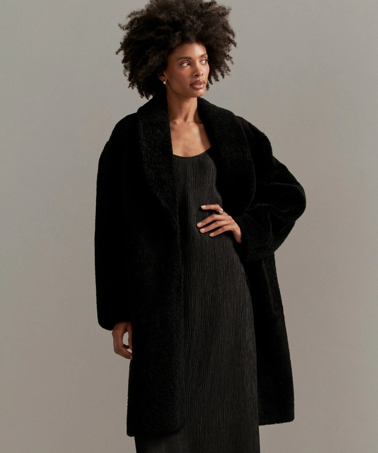 Long Shearling Yves Shawl Coat YKK Fasteners