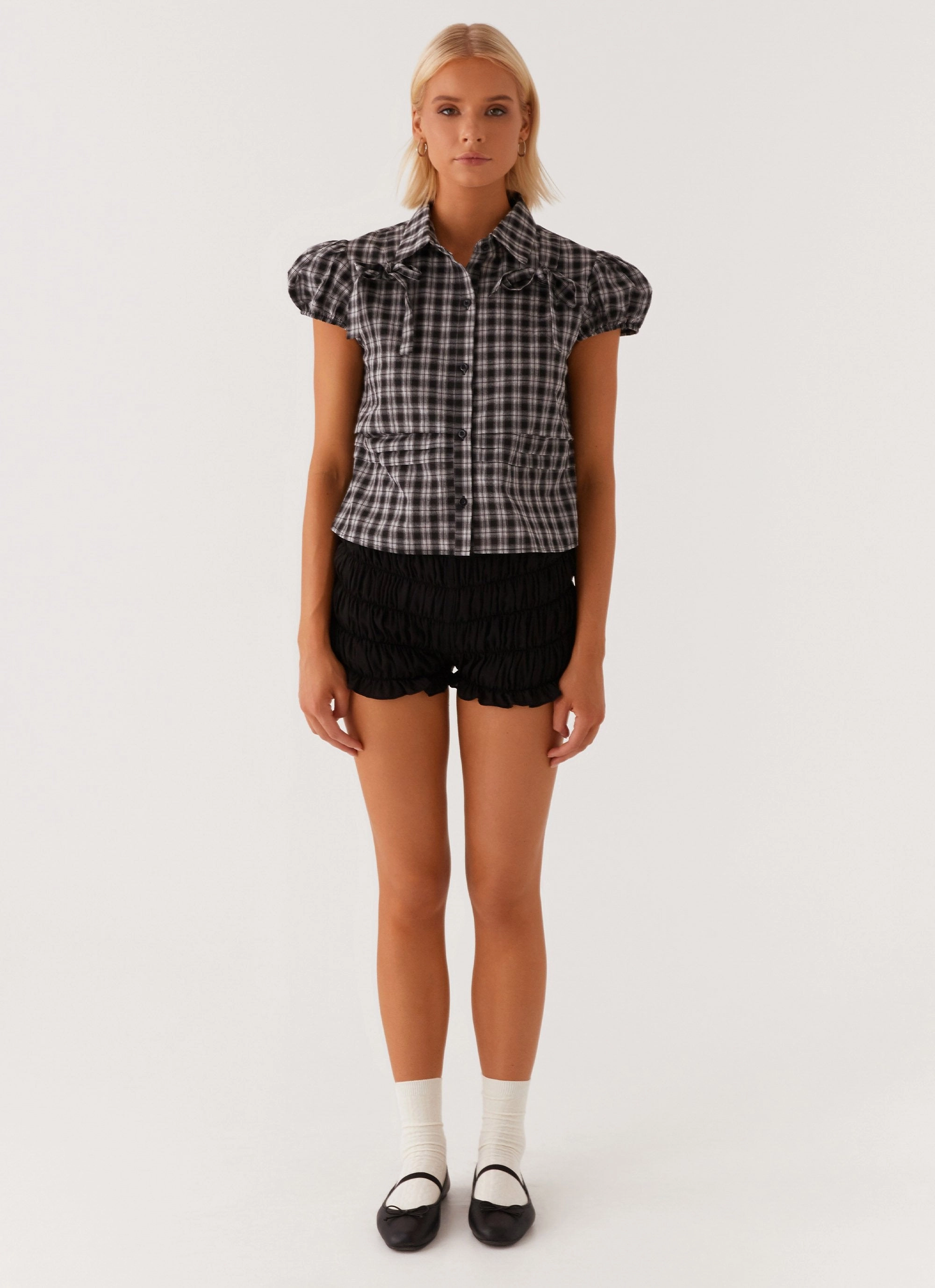 Breathable Hoodie Lorraine Puff Sleeve Top - Black White Check