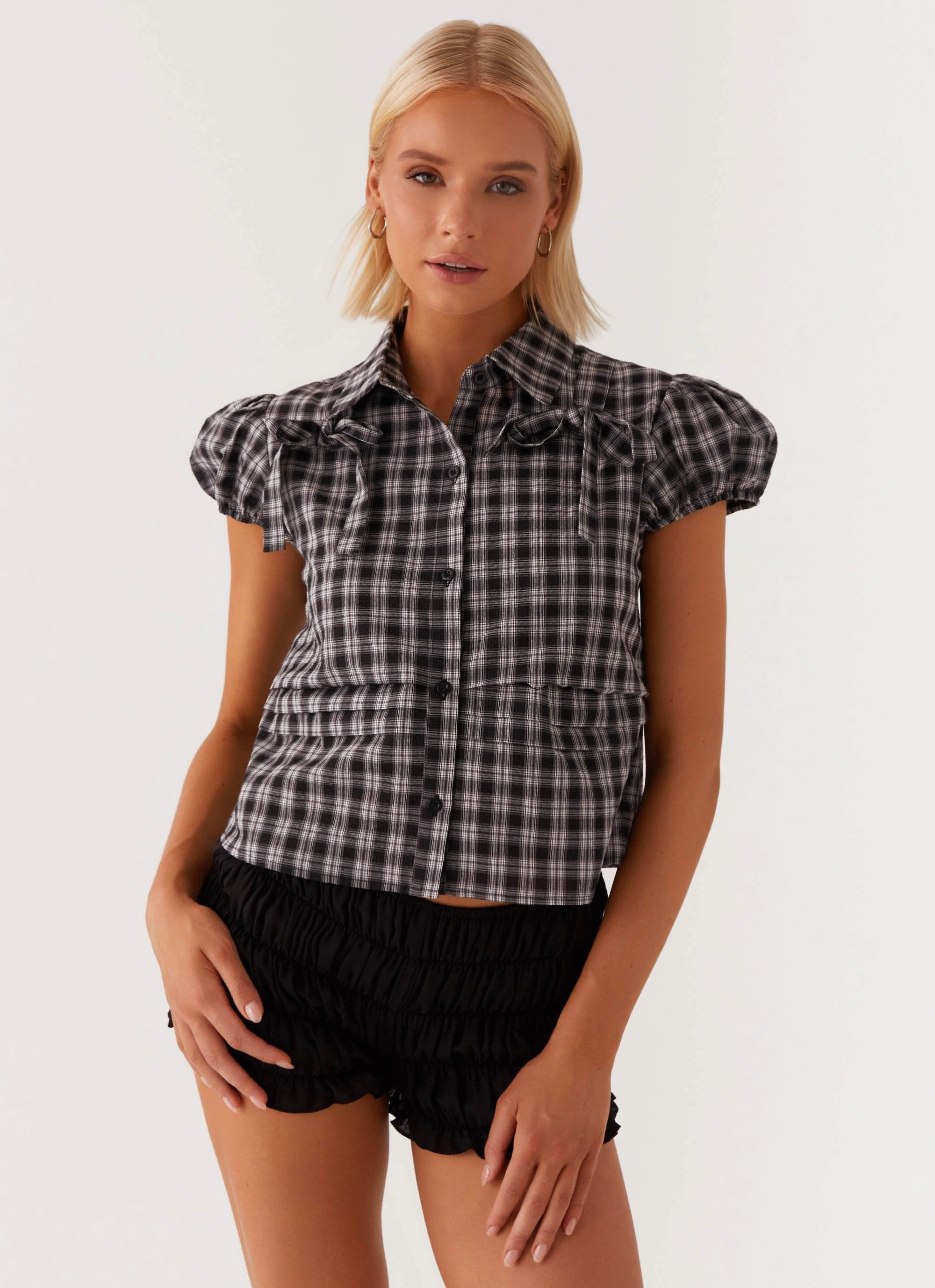 Lorraine Puff Sleeve Top - Black White Check RollUpCuff Layered Collar Structure