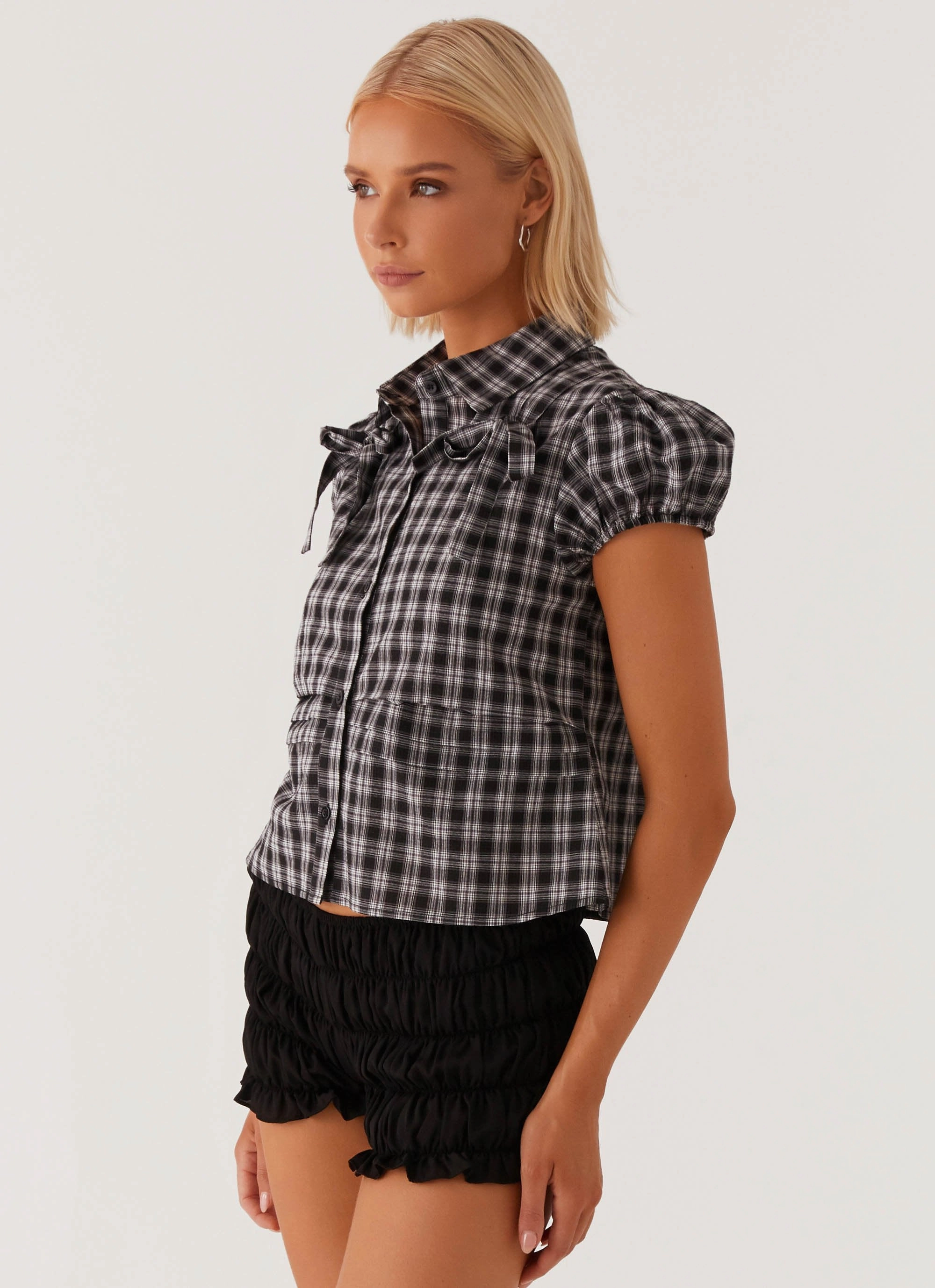 Lorraine Puff Sleeve Top - Black White Check Metallic Fiber Blend Antimicrobial Treatment