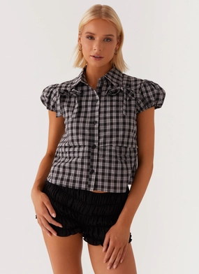 Lorraine Puff Sleeve Top - Black White Check RollUpCuff Layered Collar Structure