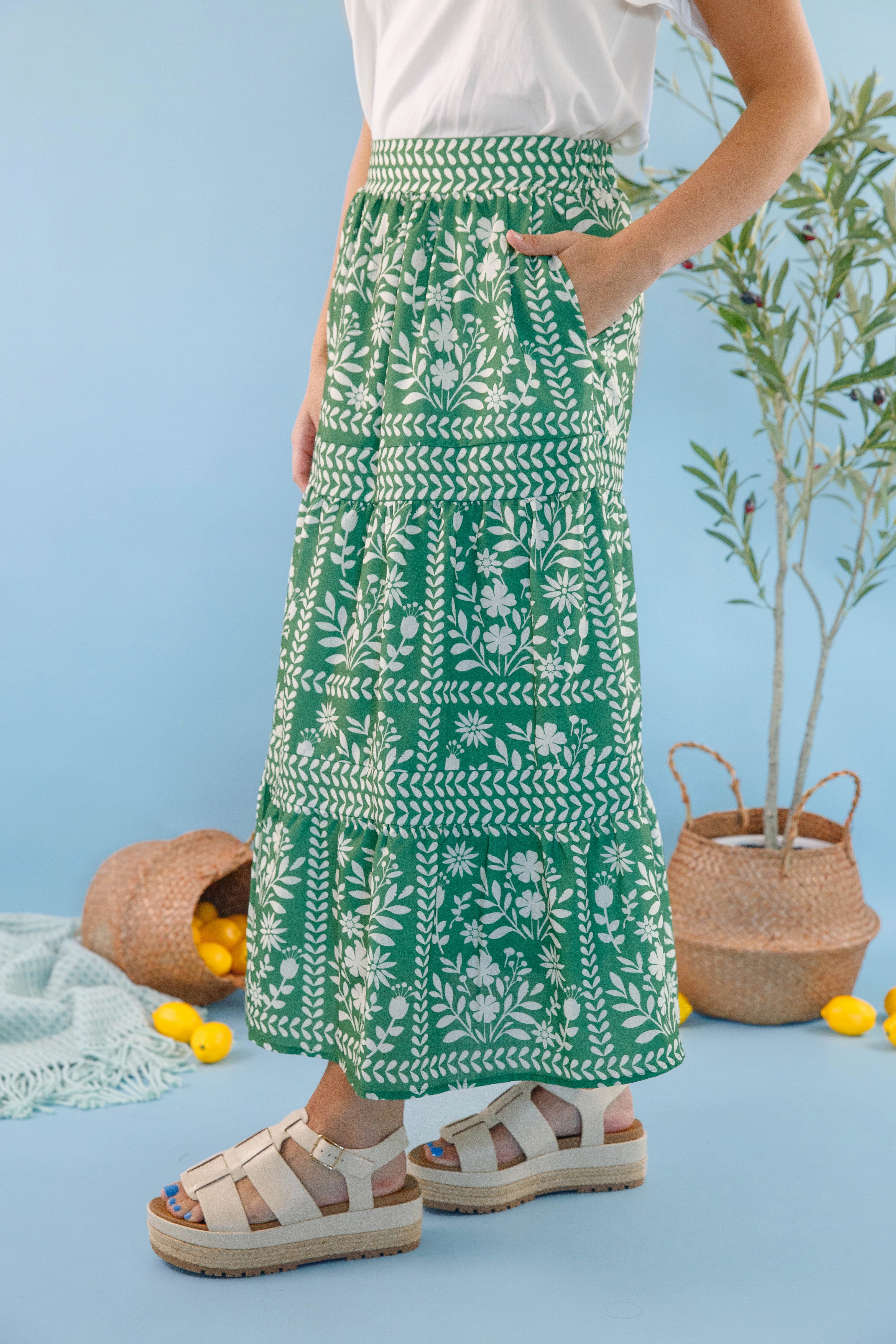 Contrast Trim Lots Of Happiness Midi Skirt-Green