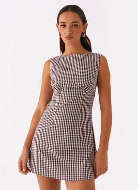 Lotus Tie Back Mini Dress - Chocolate Gingham Ruched-Detail