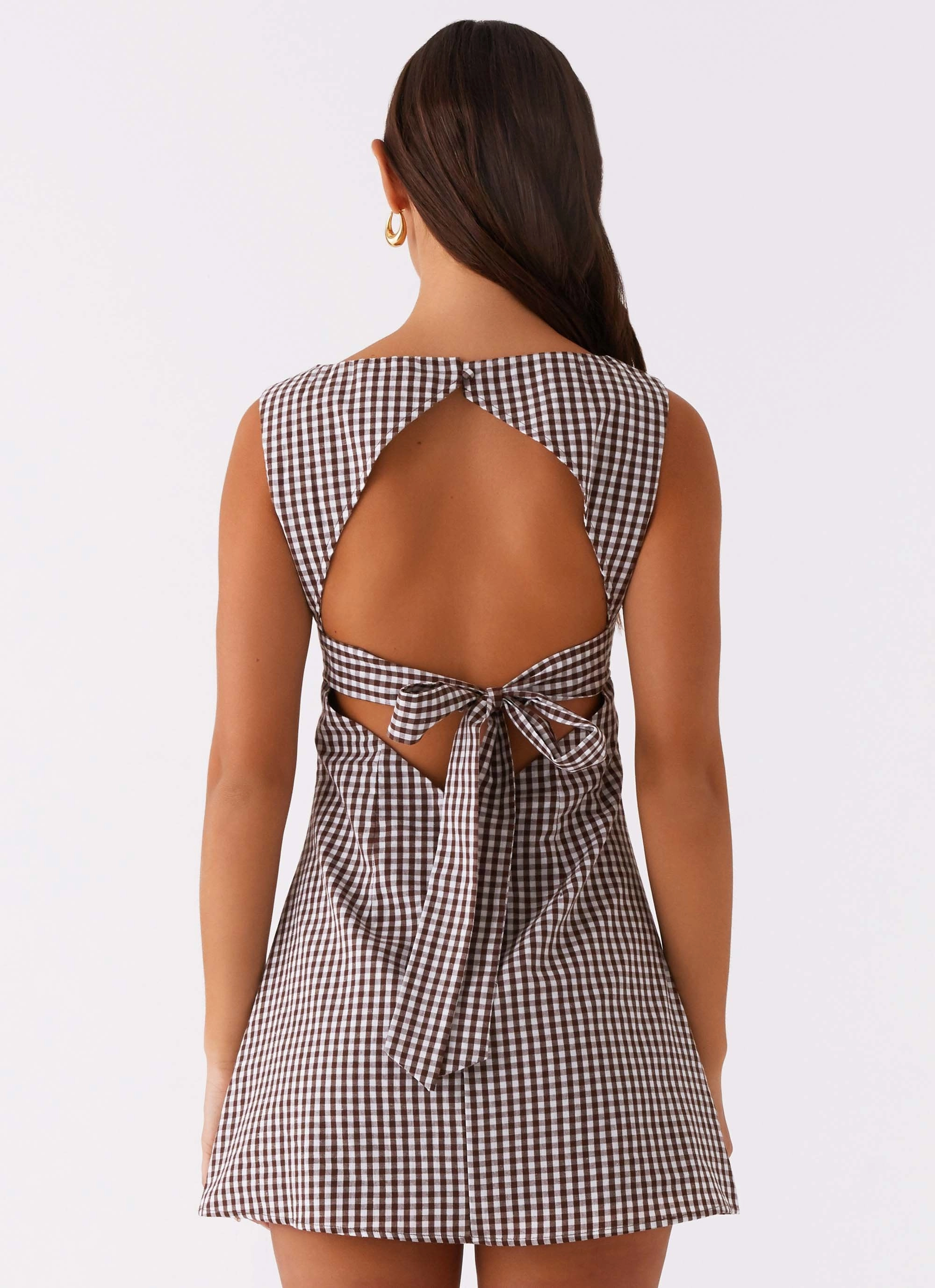 Lotus Tie Back Mini Dress - Chocolate Gingham Casual Fit Modern Finish