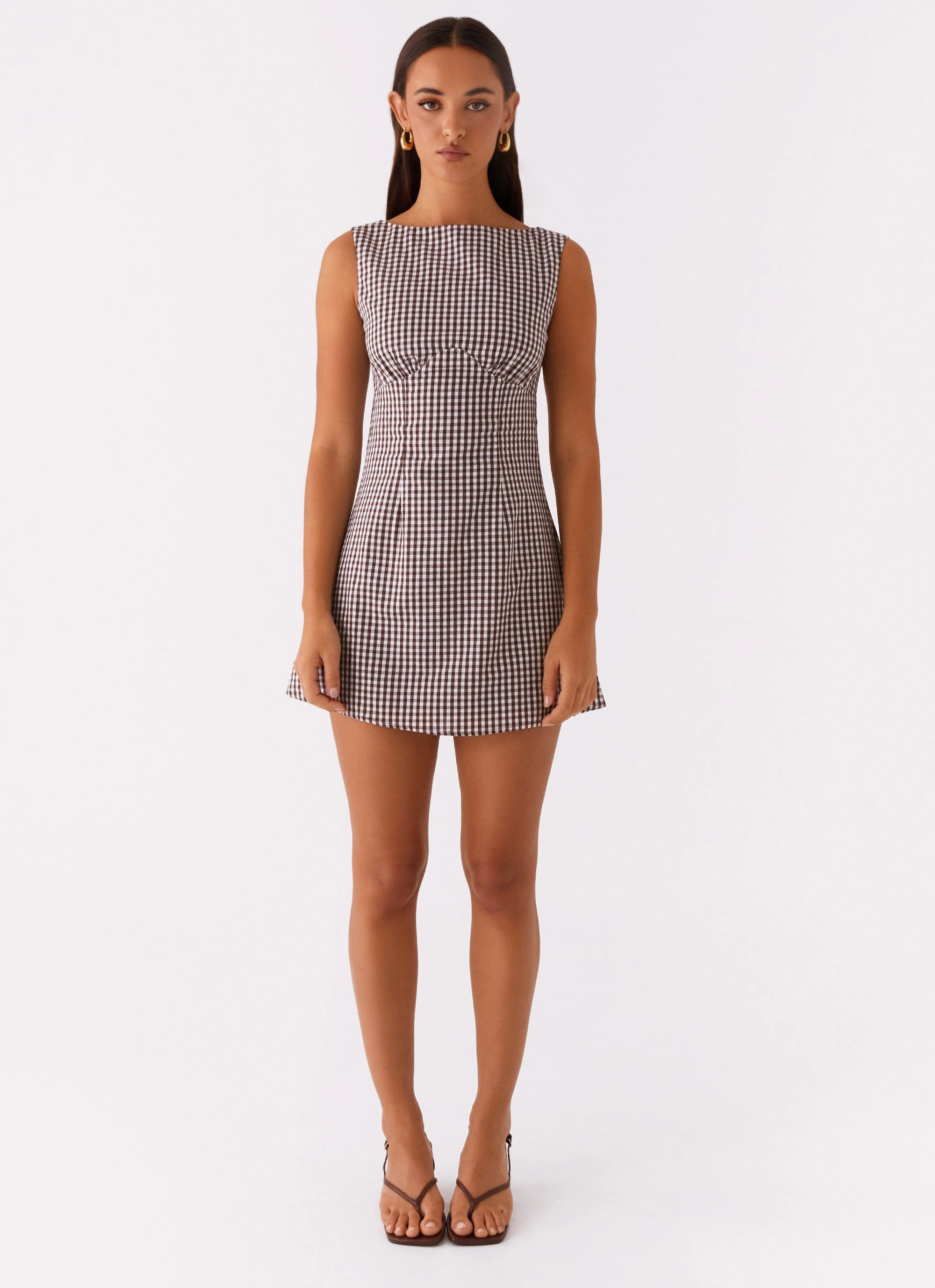 Lotus Tie Back Mini Dress - Chocolate Gingham Natural Style