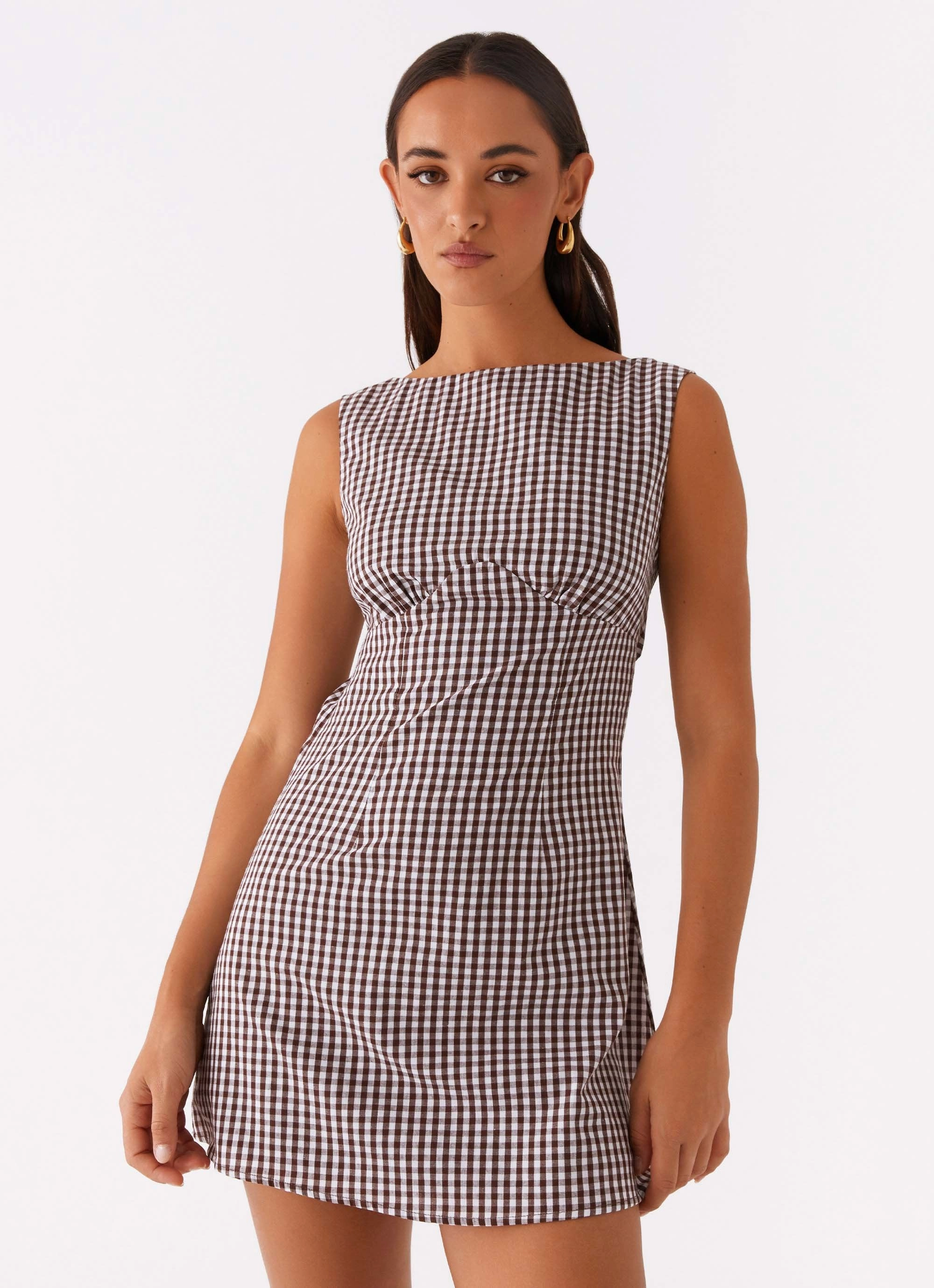 Lotus Tie Back Mini Dress - Chocolate Gingham Ruched-Detail