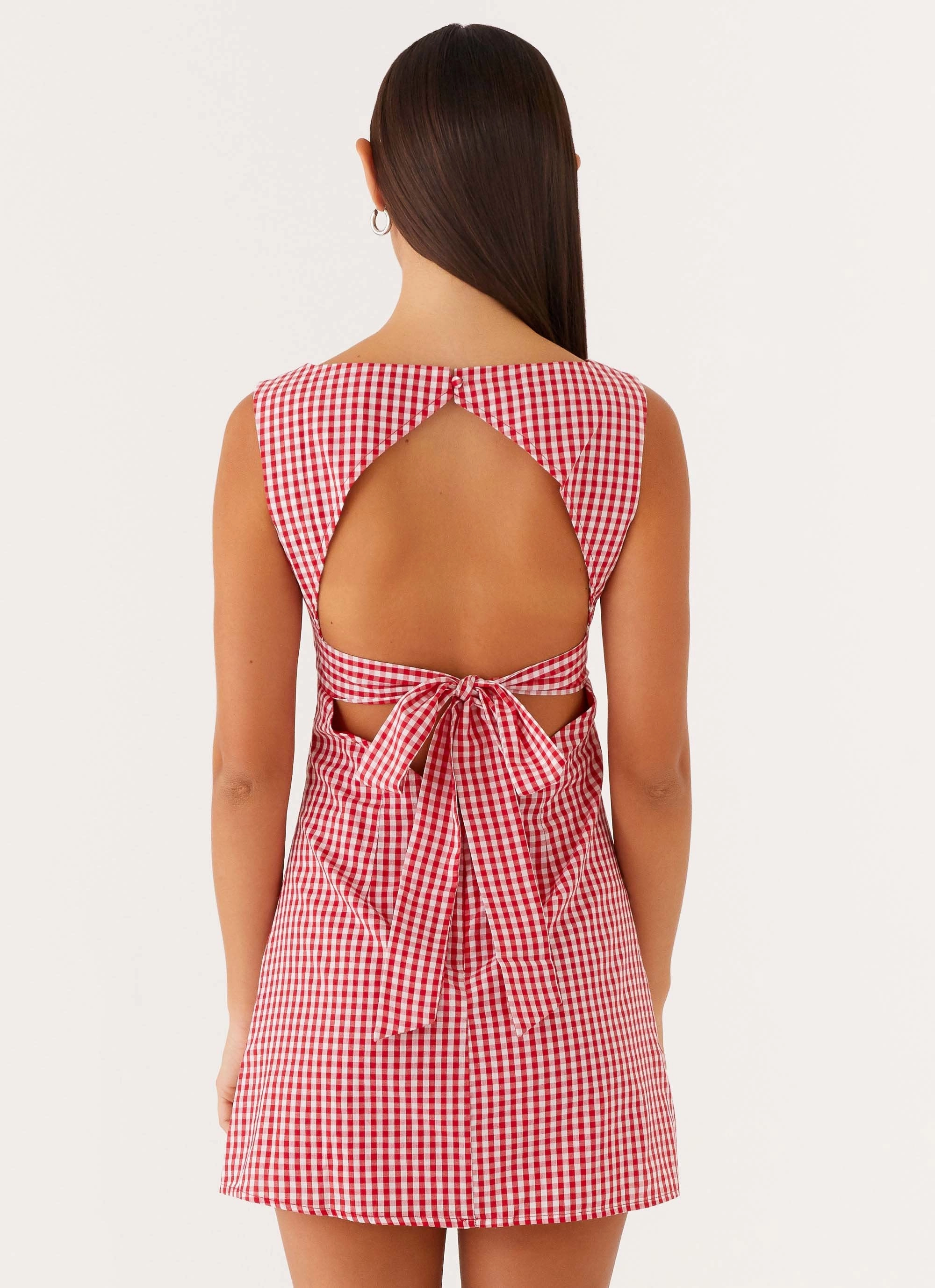 Layerable Piece Day-To-Night Wear Lotus Tie Back Mini Dress - Red Gingham