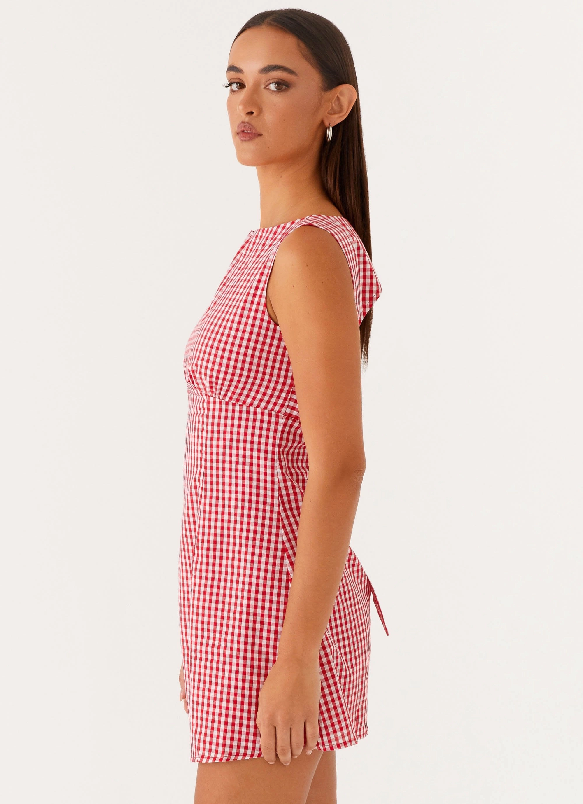 All-season Lotus Tie Back Mini Dress - Red Gingham