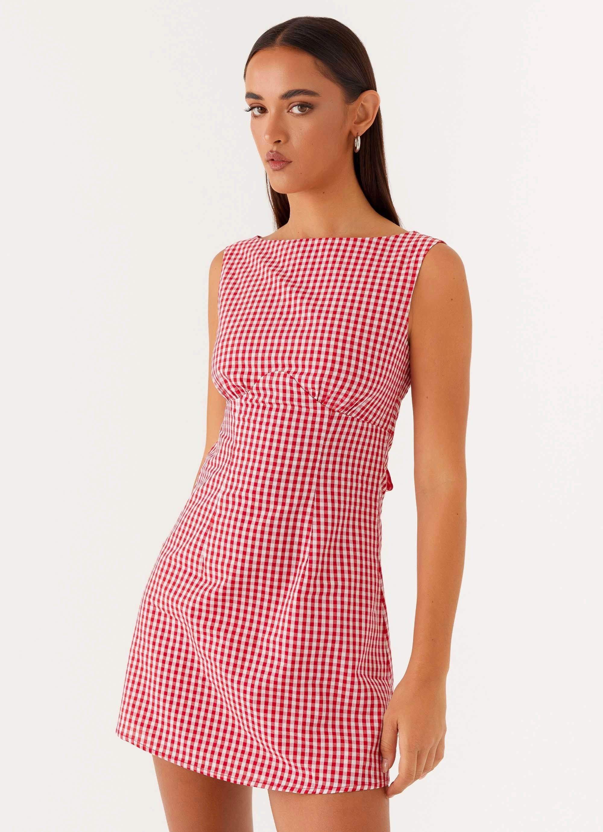 Stylish Comfort Lotus Tie Back Mini Dress - Red Gingham
