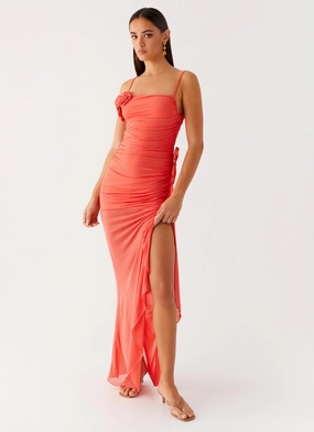 Louana Maxi Dress - Coral Ribbed-Texture Drape Wave