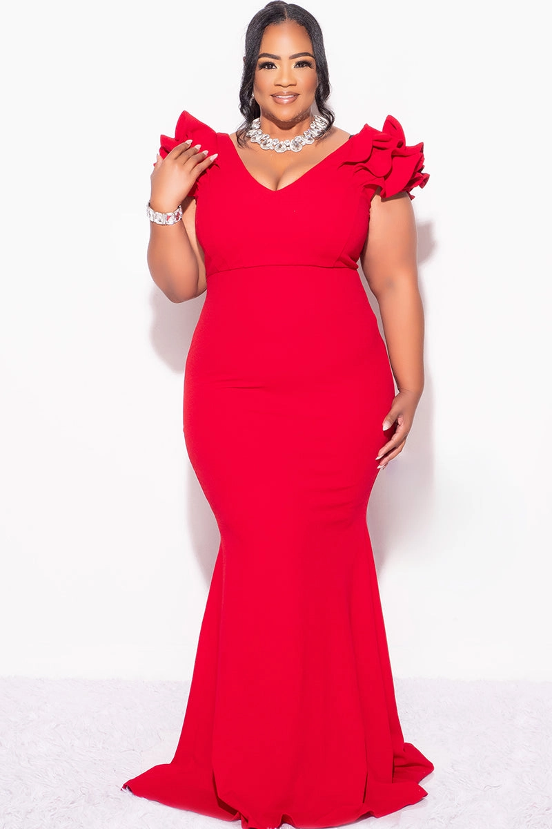 Trendy Cardigan Final Sale Plus Size Gown with Layered Sleeves in Solid Red (Non-Glitter Fabric)