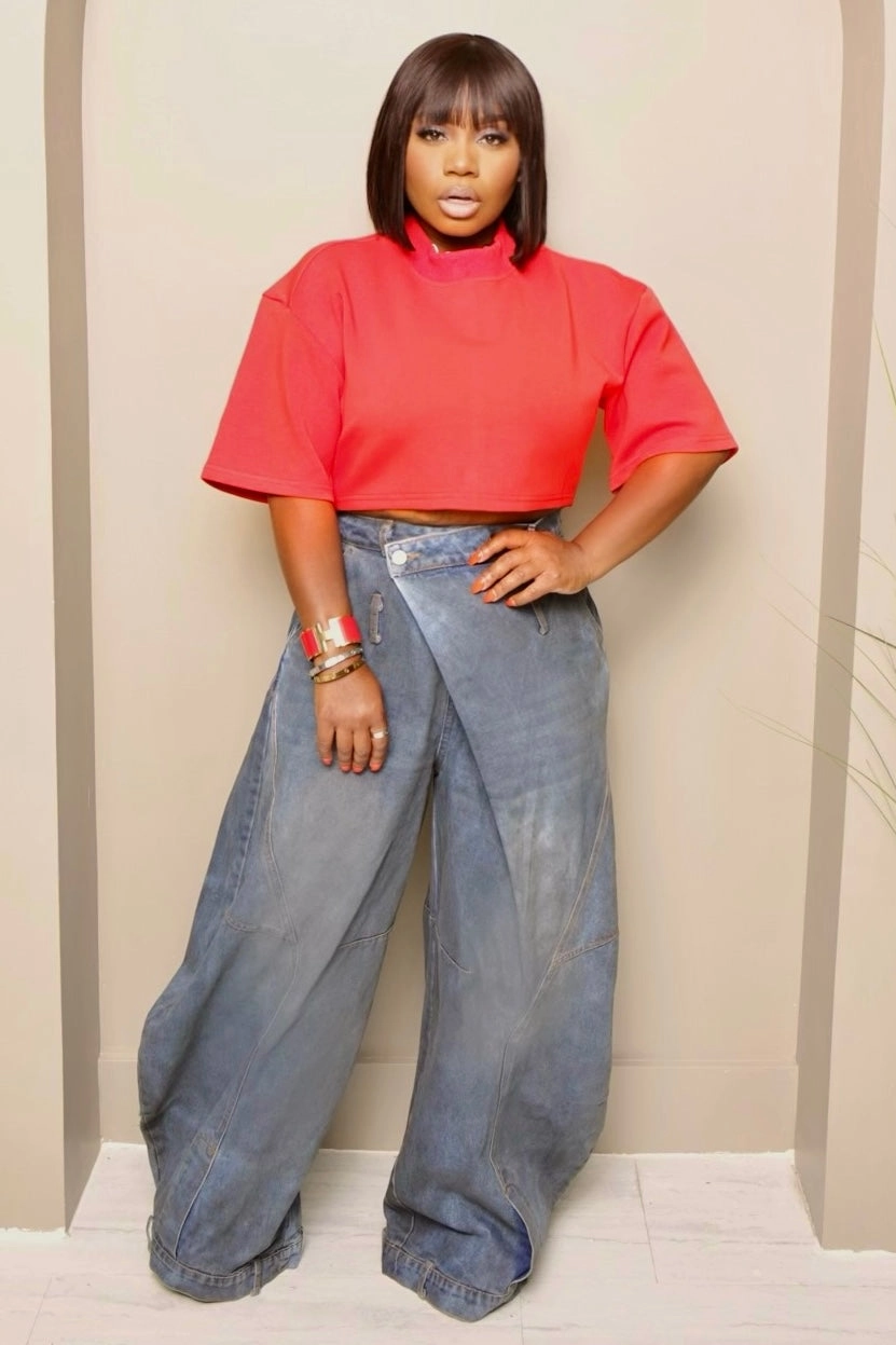 No Bunching Lowanda Oversized Flap Over Statement Wide-Leg Denim Pants