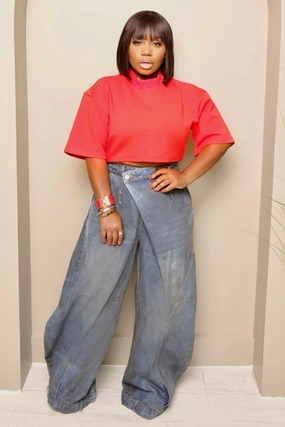 No Bunching Lowanda Oversized Flap Over Statement Wide-Leg Denim Pants