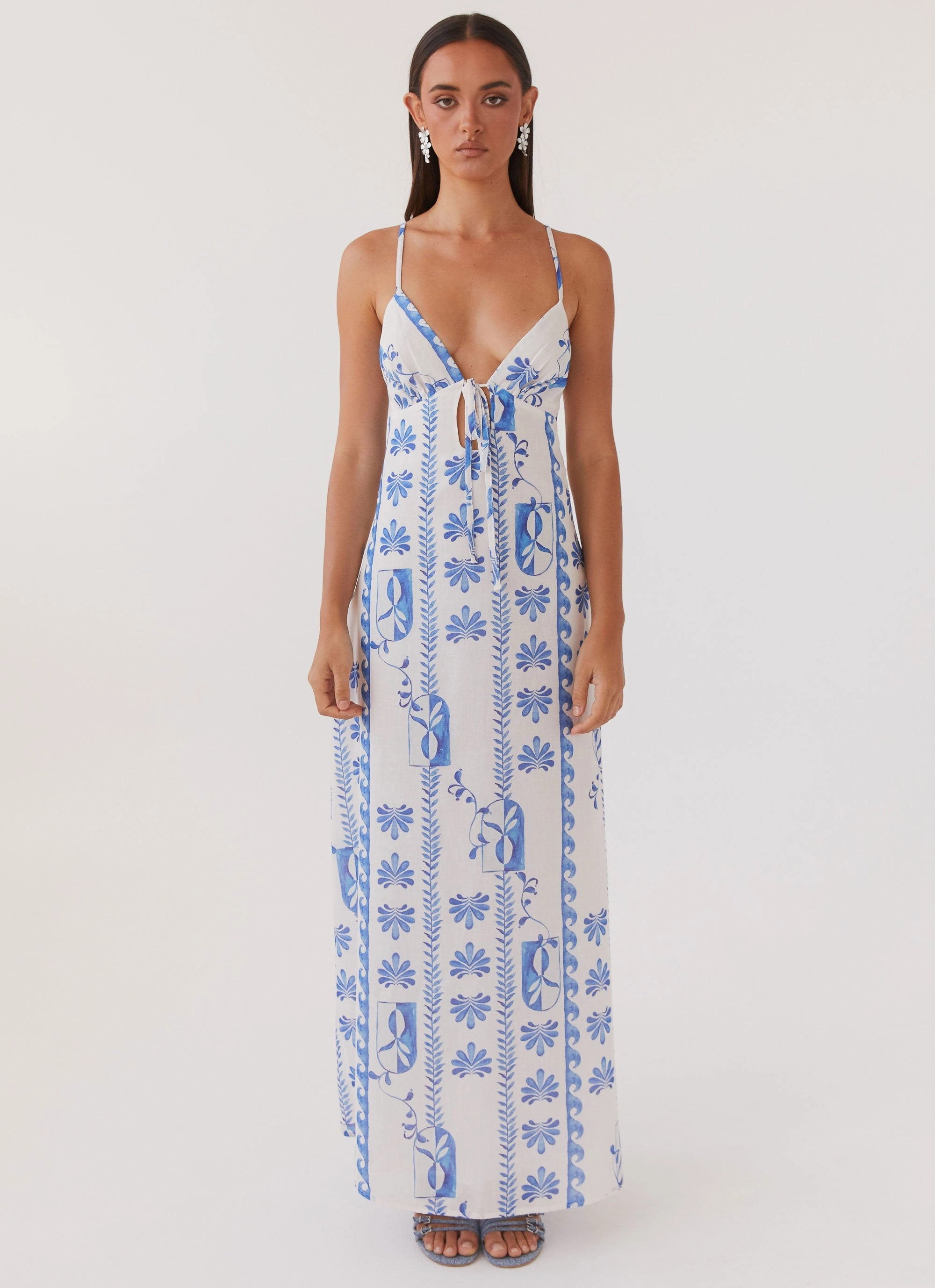 Bright Feel Relax Form Flora Linen Maxi Dress - Floral Wave