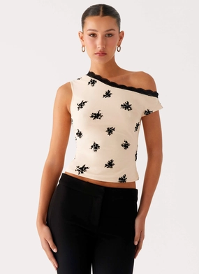 Blind Faith Flock One Shoulder Top - Cream Grid Back Panel