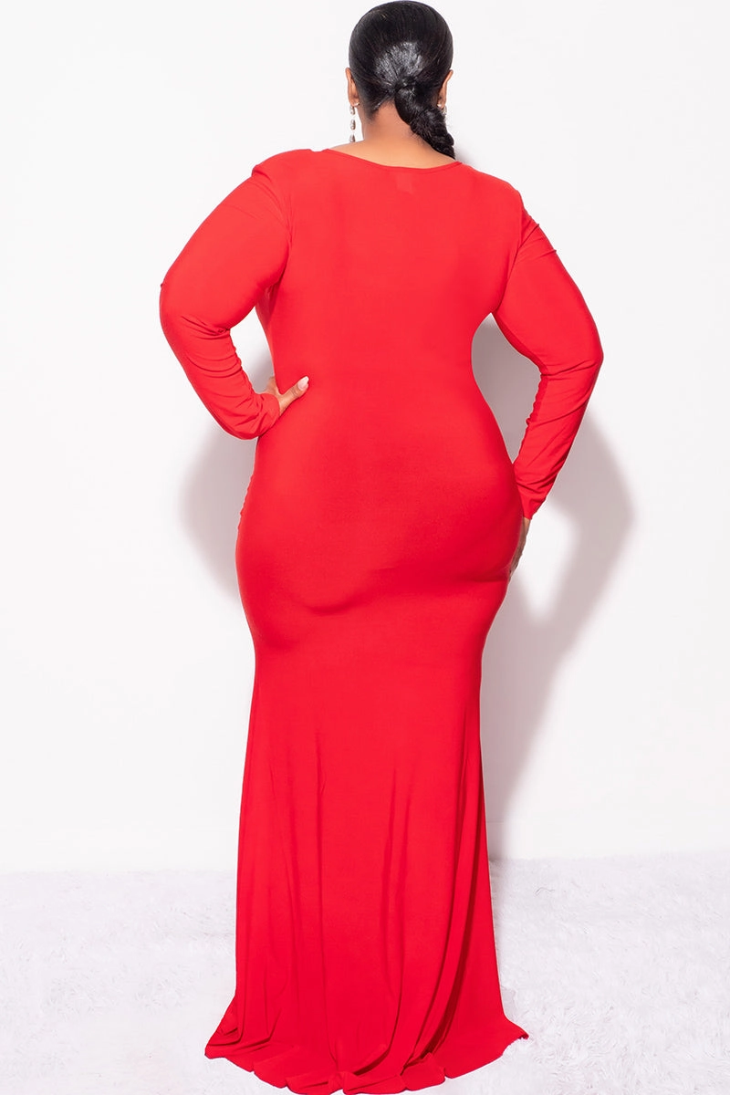 Thermal Insulation Layer RaglanSleeve Final Sale Plus Size V-Neck Gown with Center Ruching and Slit in Red