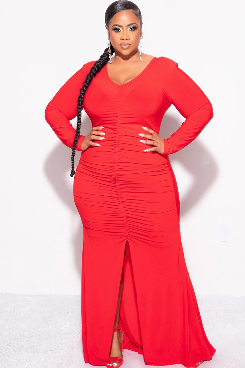 LightweightFabric Final Sale Plus Size V-Neck Gown with Center Ruching and Slit in Red
