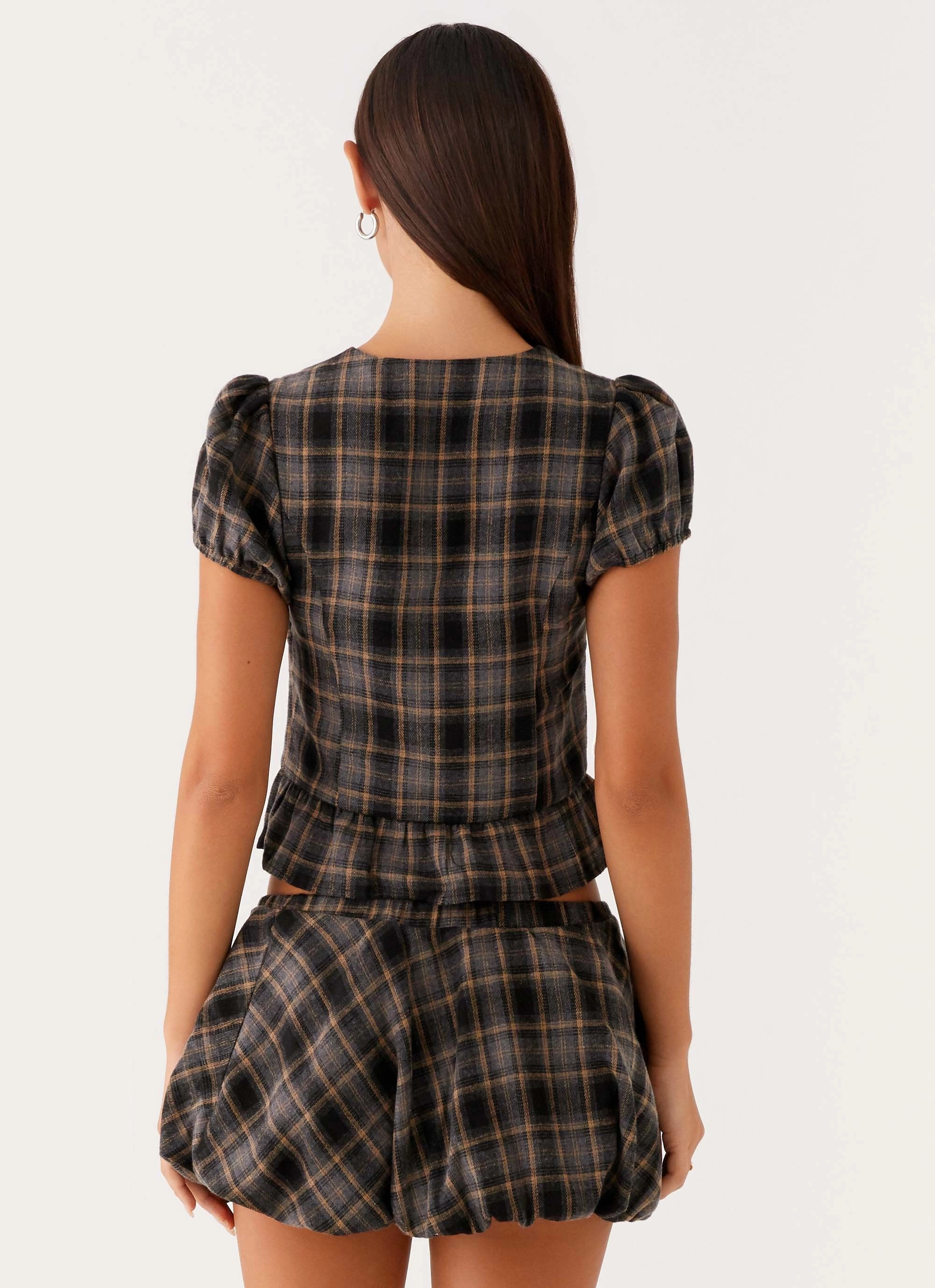 Lucia Puff Sleeve Top - Brown Check Airflow Optimized Weave