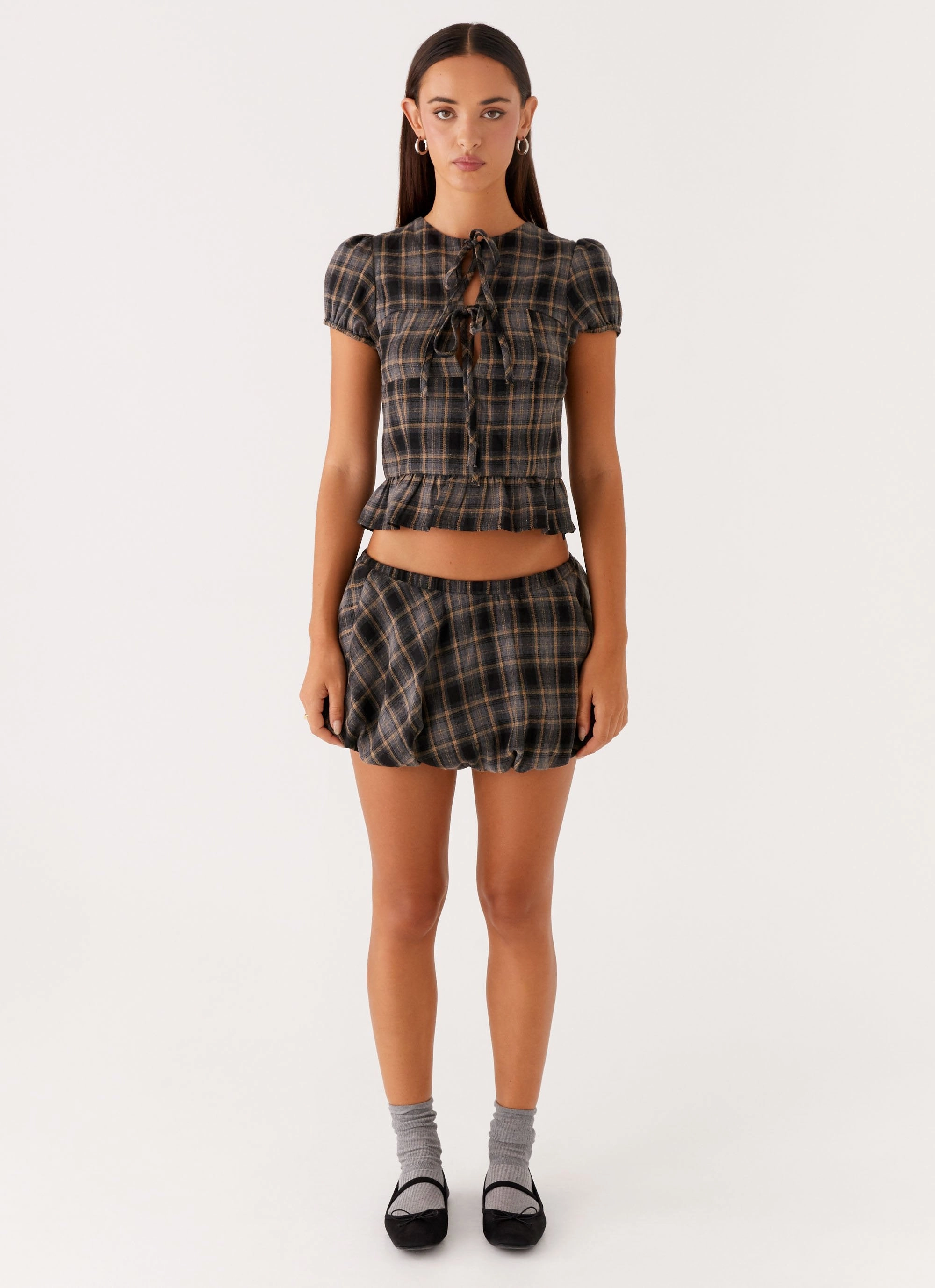 Water Repellent Coating Lucia Puff Sleeve Top - Brown Check