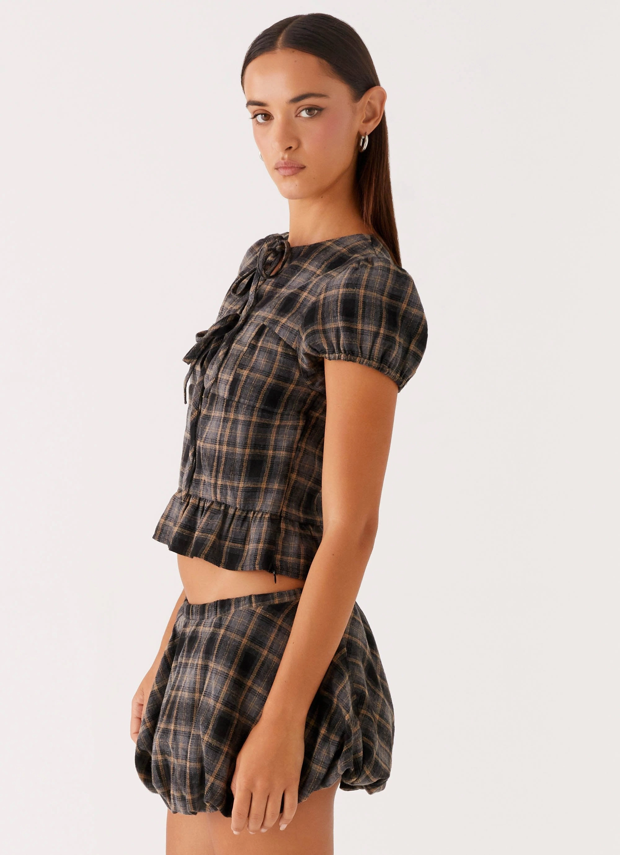 Lucia Puff Sleeve Top - Brown Check TaglessComfort