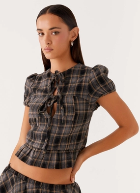 Self Fabric Tie Eco Dye Process Lucia Puff Sleeve Top - Brown Check