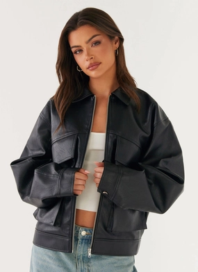 Simple Comfort Lula Faux Leather Bomber Jacket - Black