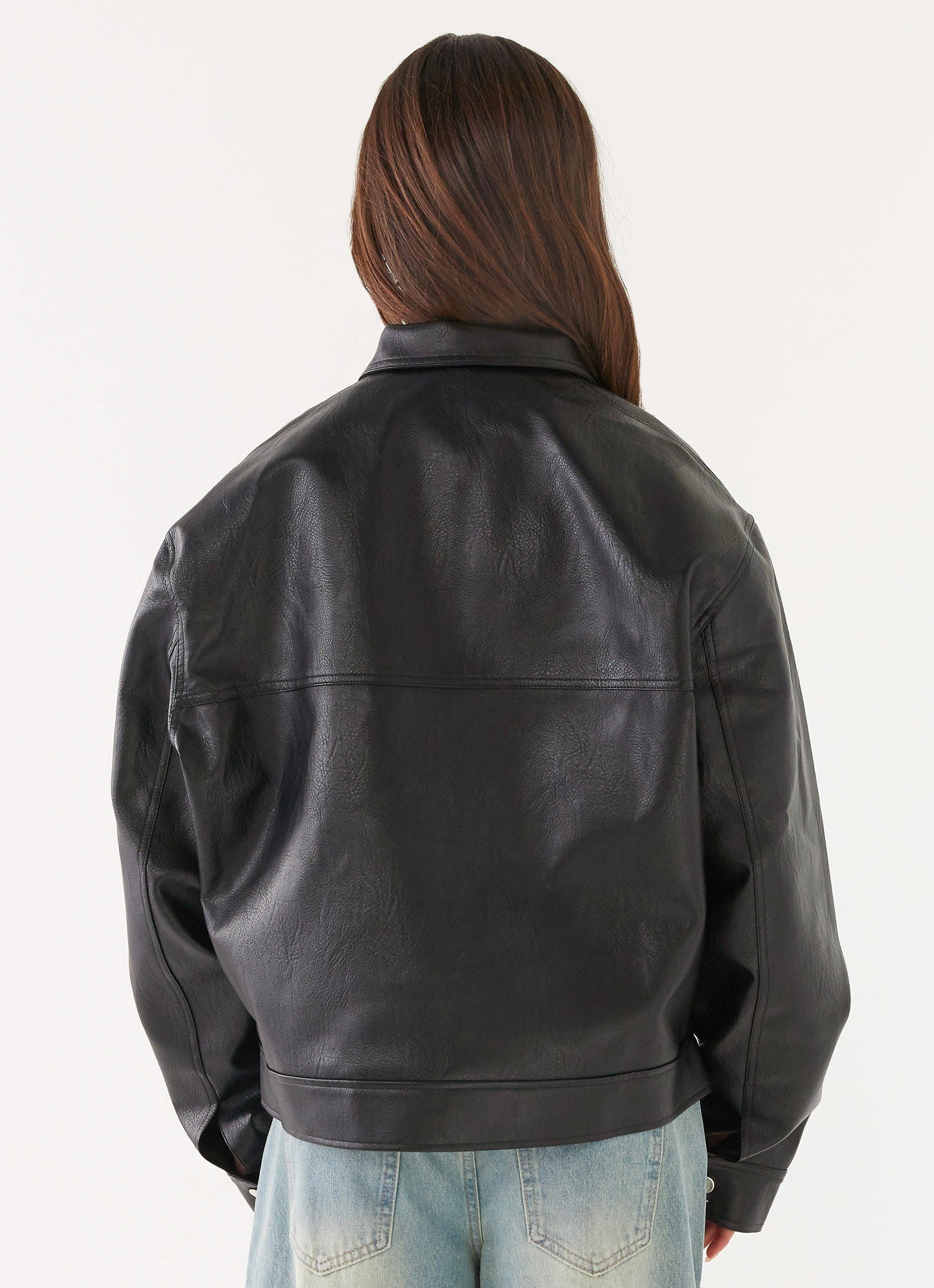 Lula Faux Leather Bomber Jacket - Black clean design High Neck