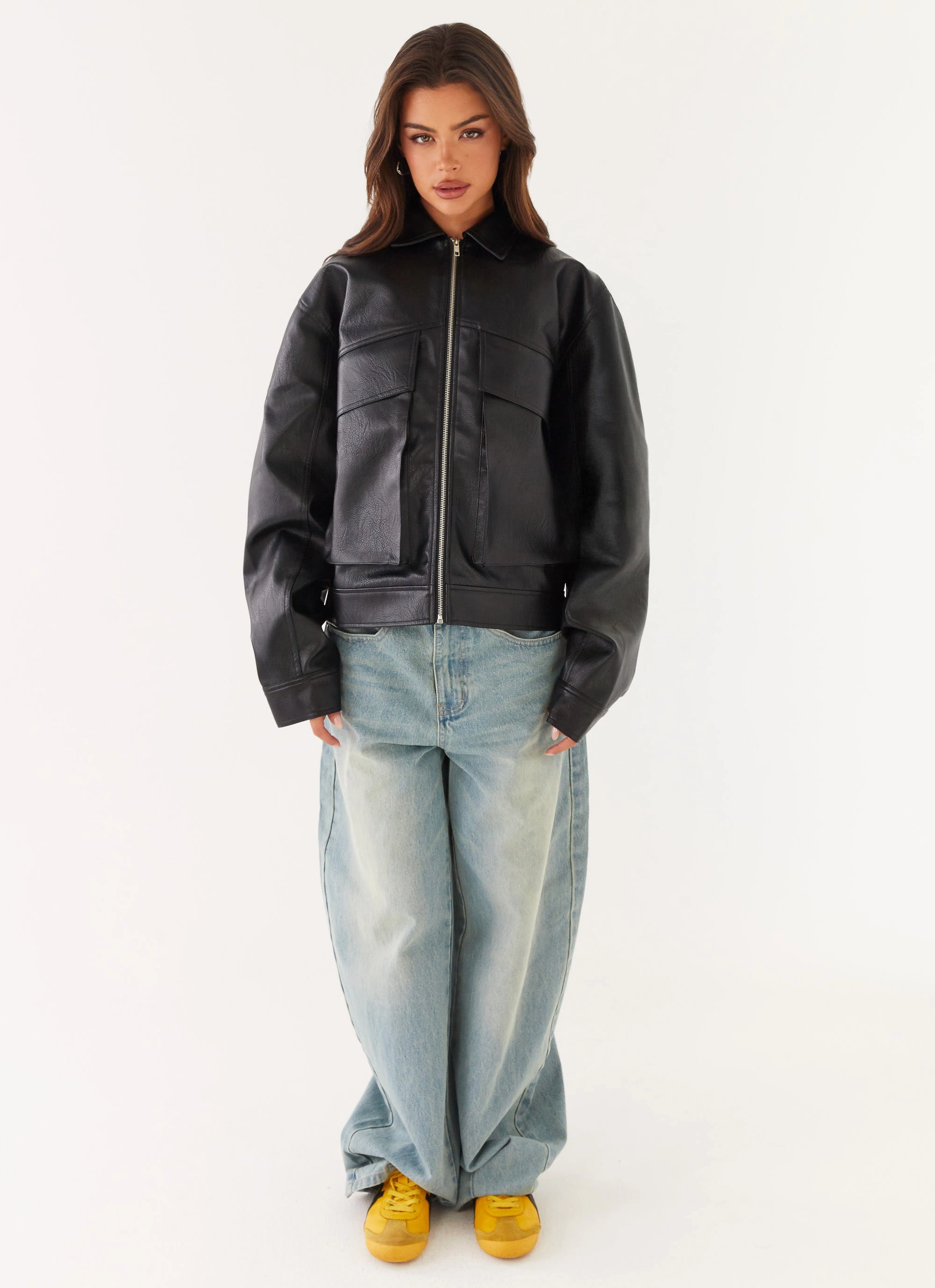 Sealed Seam Construction Lula Faux Leather Bomber Jacket - Black