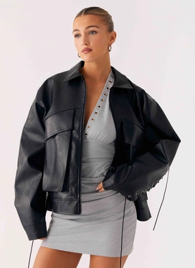 Abrasion Resistant Panels Non Restrictive Tailoring Lula Tassle Faux Leather Bomber Jacket - Black