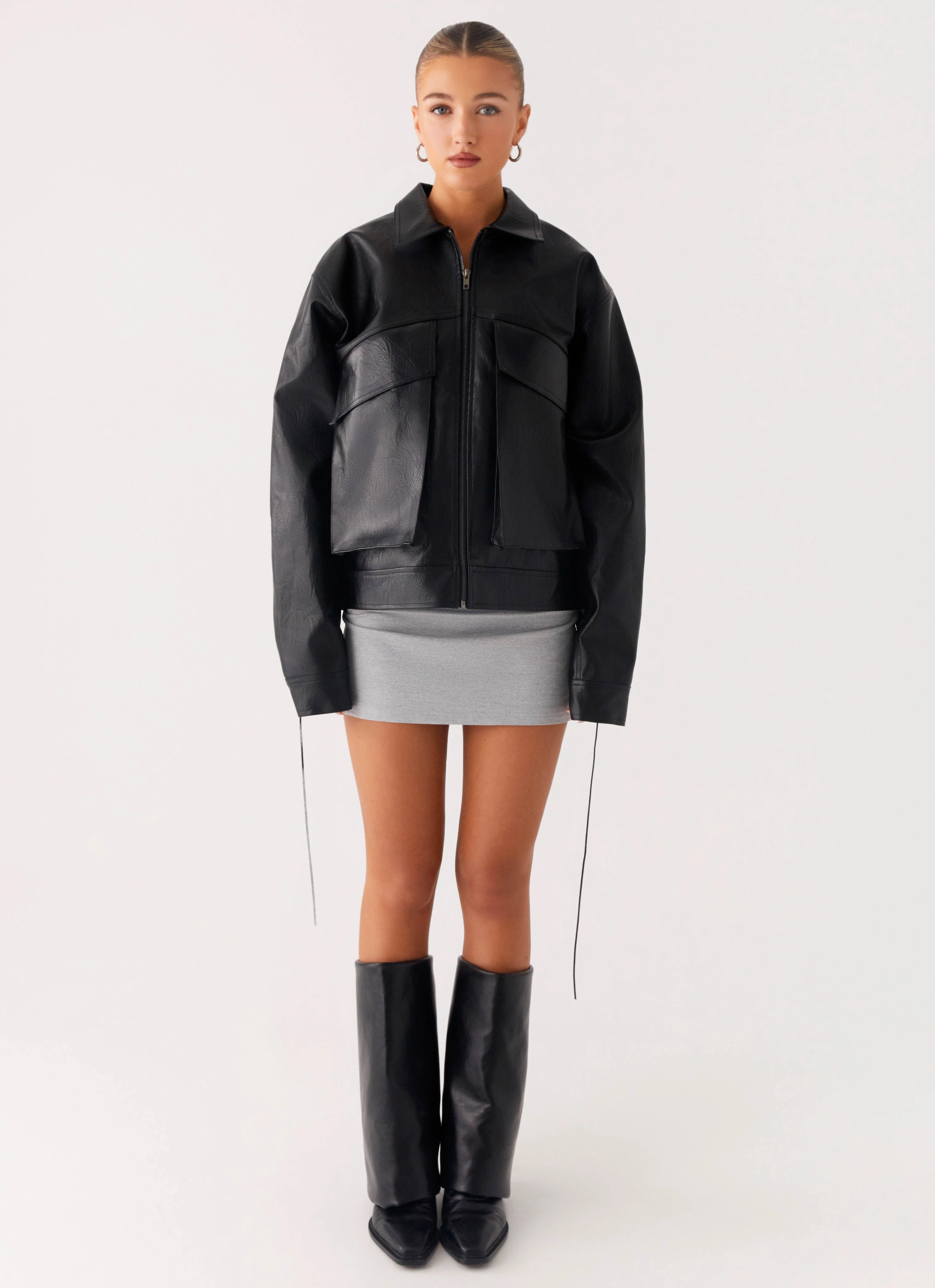 Functional Zip Detail Lula Tassle Faux Leather Bomber Jacket - Black