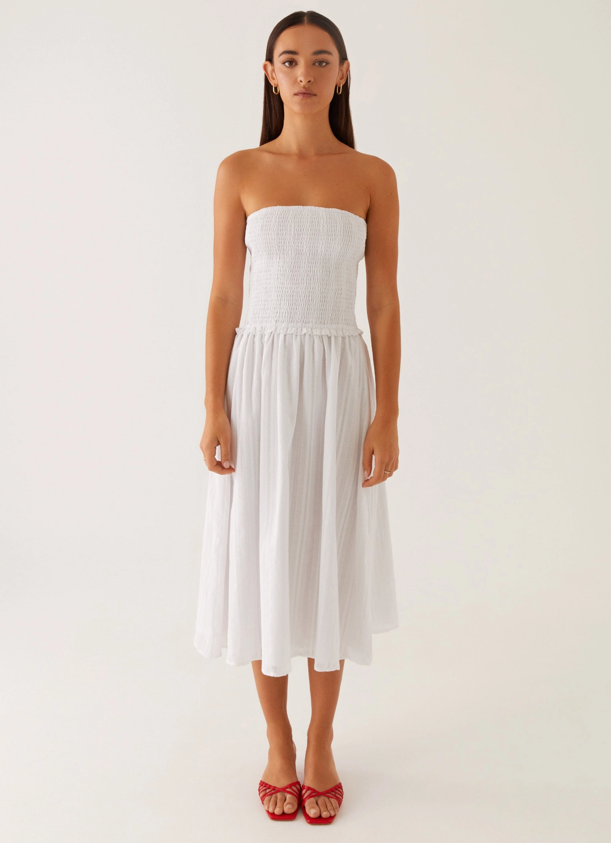 Wide Swing Rural Charm Lulie Shirres Midi Dress - Ivory