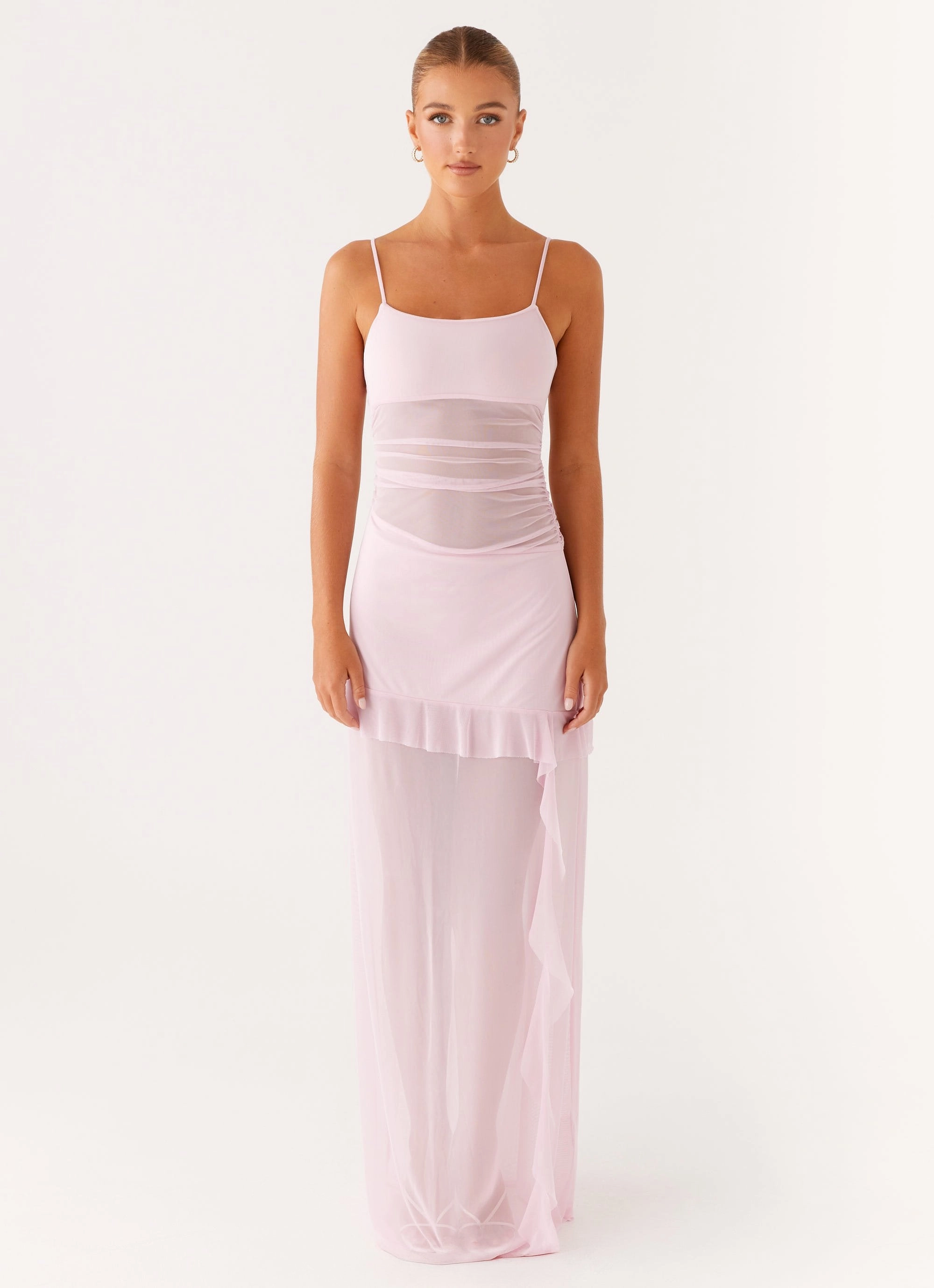 Jenni Ruffle Maxi Dress - Pink Front-Zip
