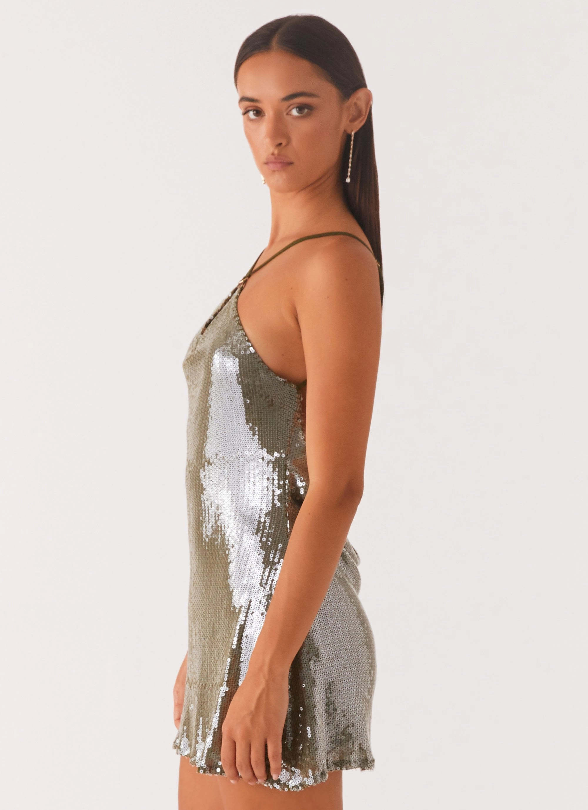 Ruffle Hem Flowing Texture Radiant Energy Cowl Back Mini Dress - Olive