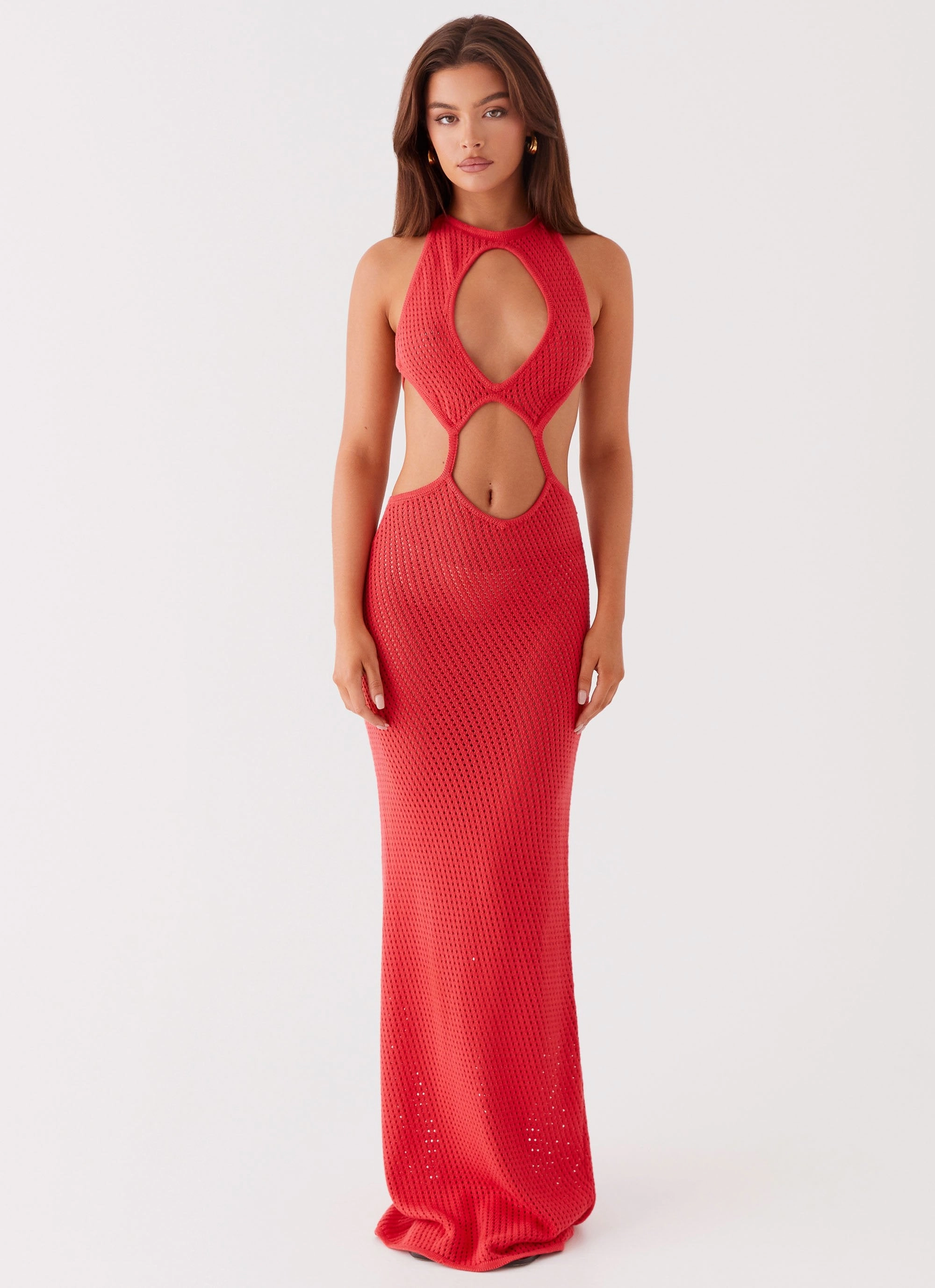 Front-Slit Caicos Crochet Maxi Dress - Red