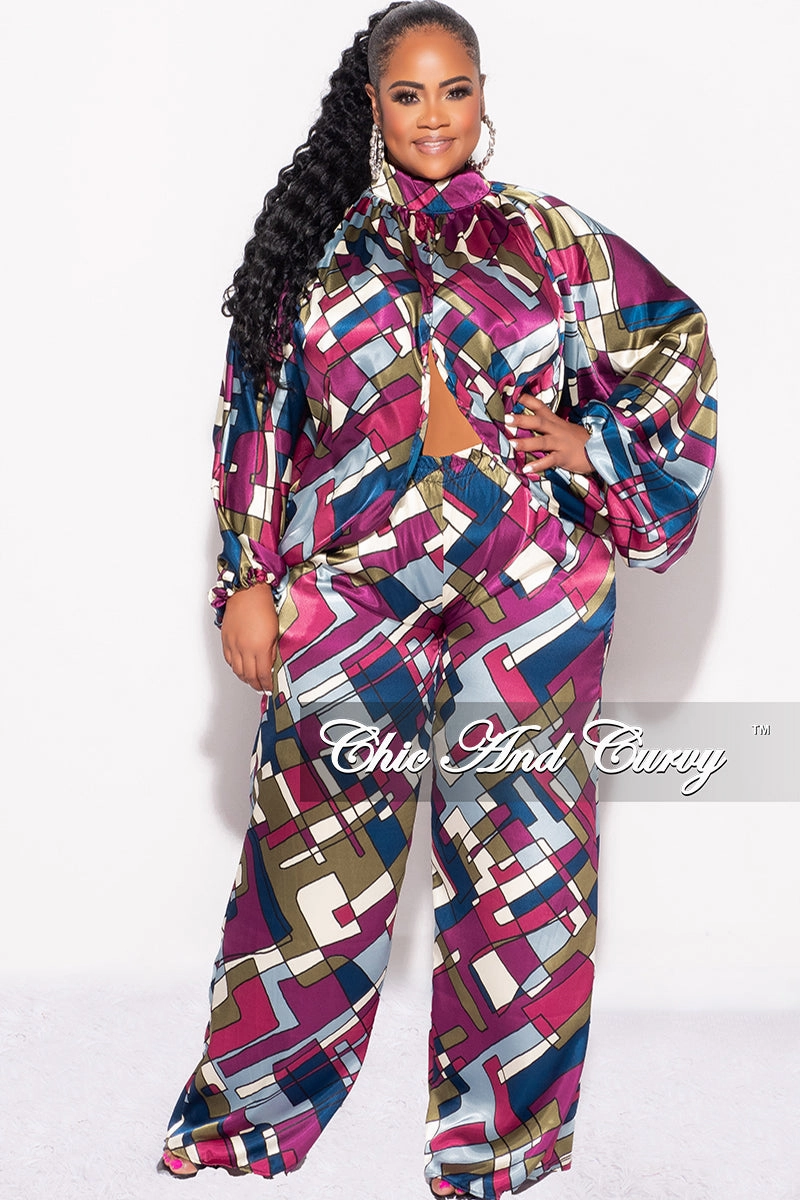 Final Sale Plus Size 2pc Stain Balloon Sleeve Crop Top and Palazzo Pants Set Multi Color Print Effortless Design Decorative stitching