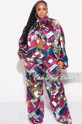 Comfy Wearable Final Sale Plus Size 2pc Stain Balloon Sleeve Crop Top and Palazzo Pants Set Multi Color Print