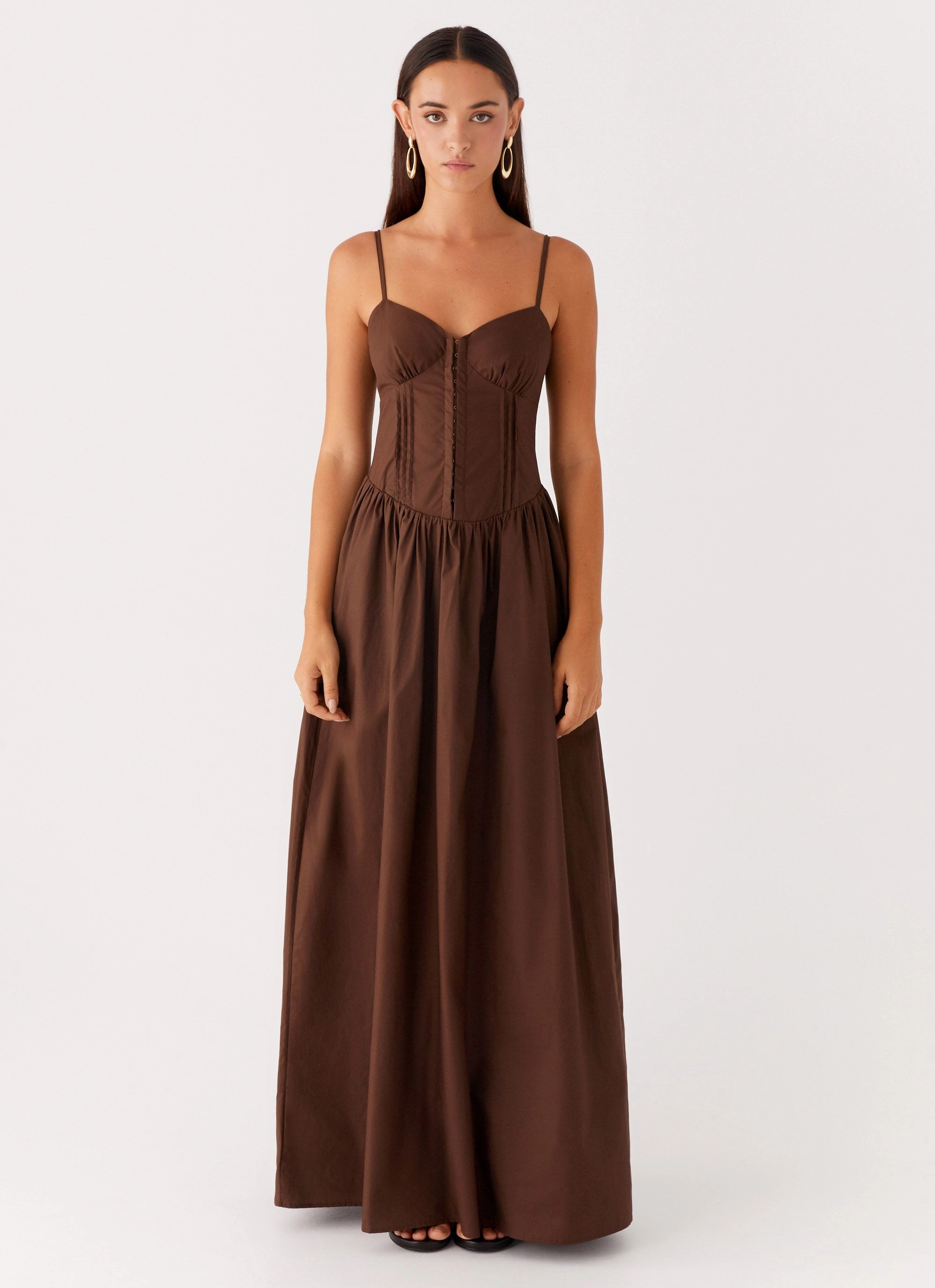 Cerys Maxi Dress - Chocolate Satin Fabric
