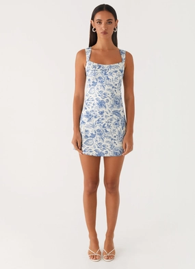Flattering Layer Odette Satin Mini Dress - Blue Paisley