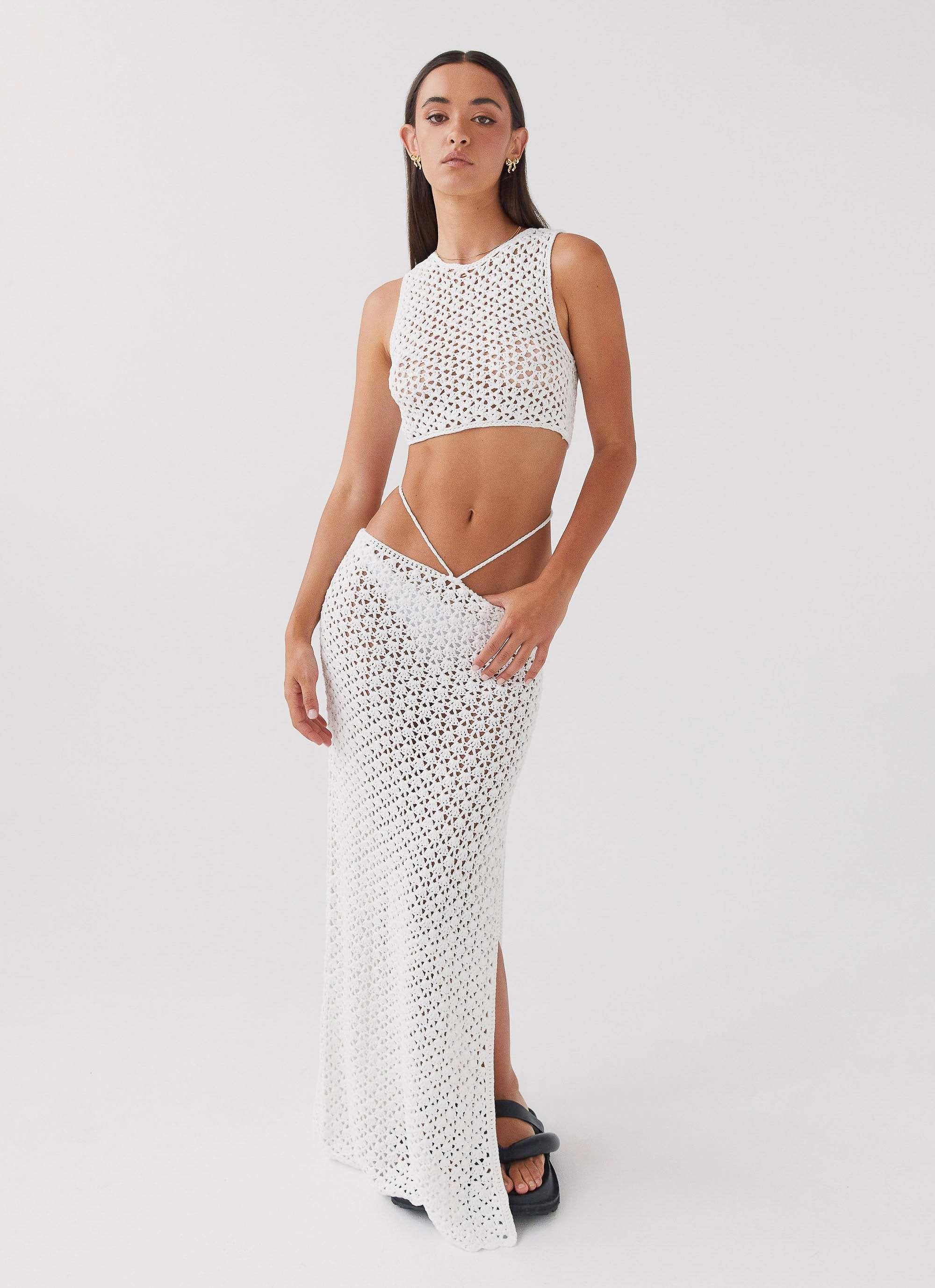 Mabel Bay Crochet Maxi Skirt - White Roll Up Hood Zip Pockets