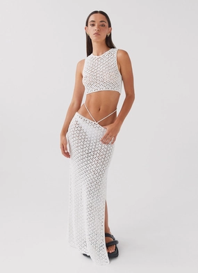 Mabel Bay Crochet Maxi Skirt - White Roll Up Hood Zip Pockets
