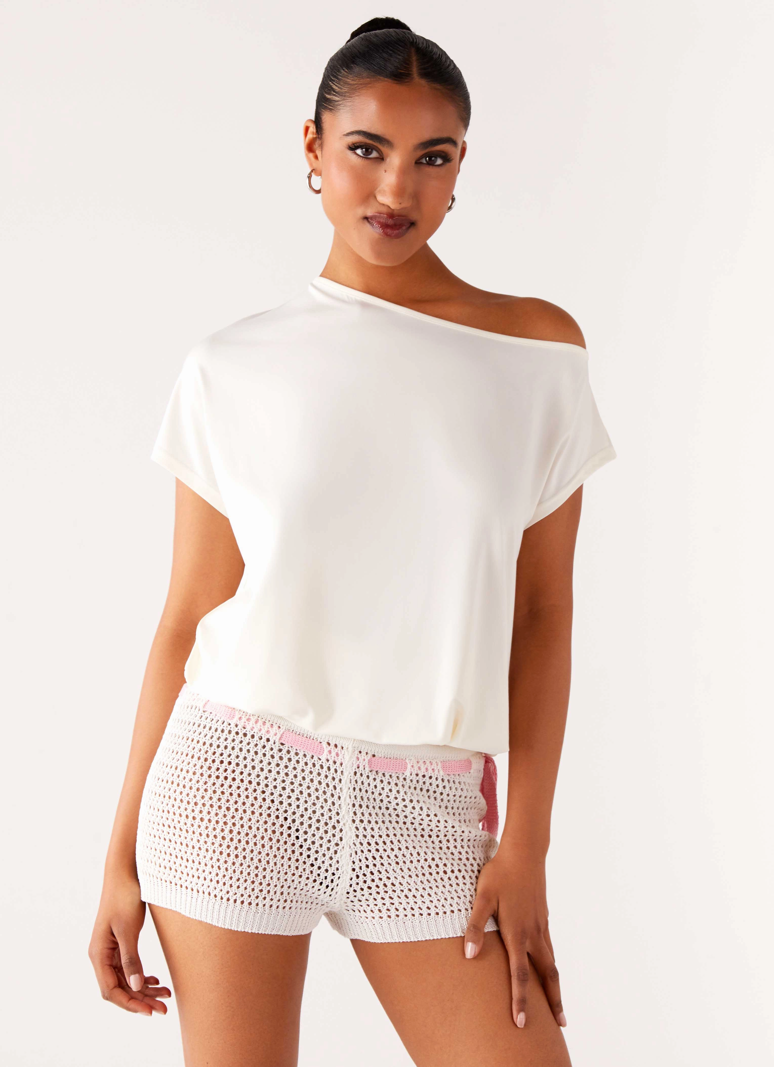 NonRestrictiveCut Organic Cotton Mahana Crochet Mini Shorts - Ivory Pink