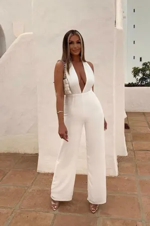 Malibu - White Halterneck Plunge Jumpsuit