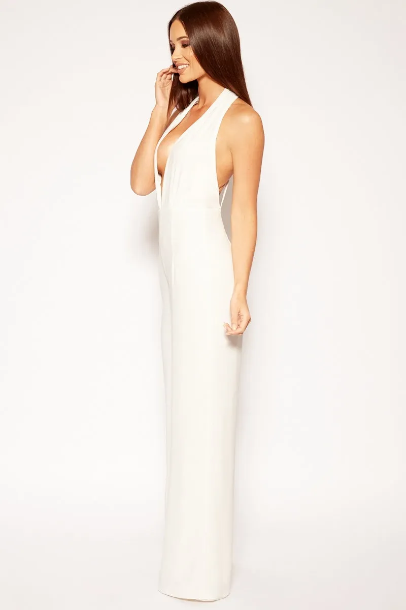 Malibu - White Halterneck Plunge Jumpsuit