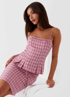 Mamita Ruched Top - Pink Check Double Needle Stitching AthleisureReady
