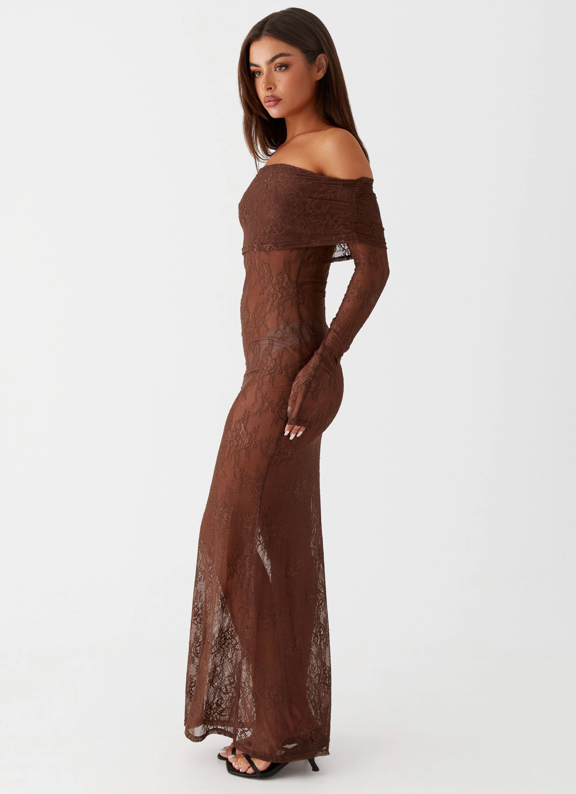 Nadia Lace Maxi Dress - Chocolate Glossy-Finish
